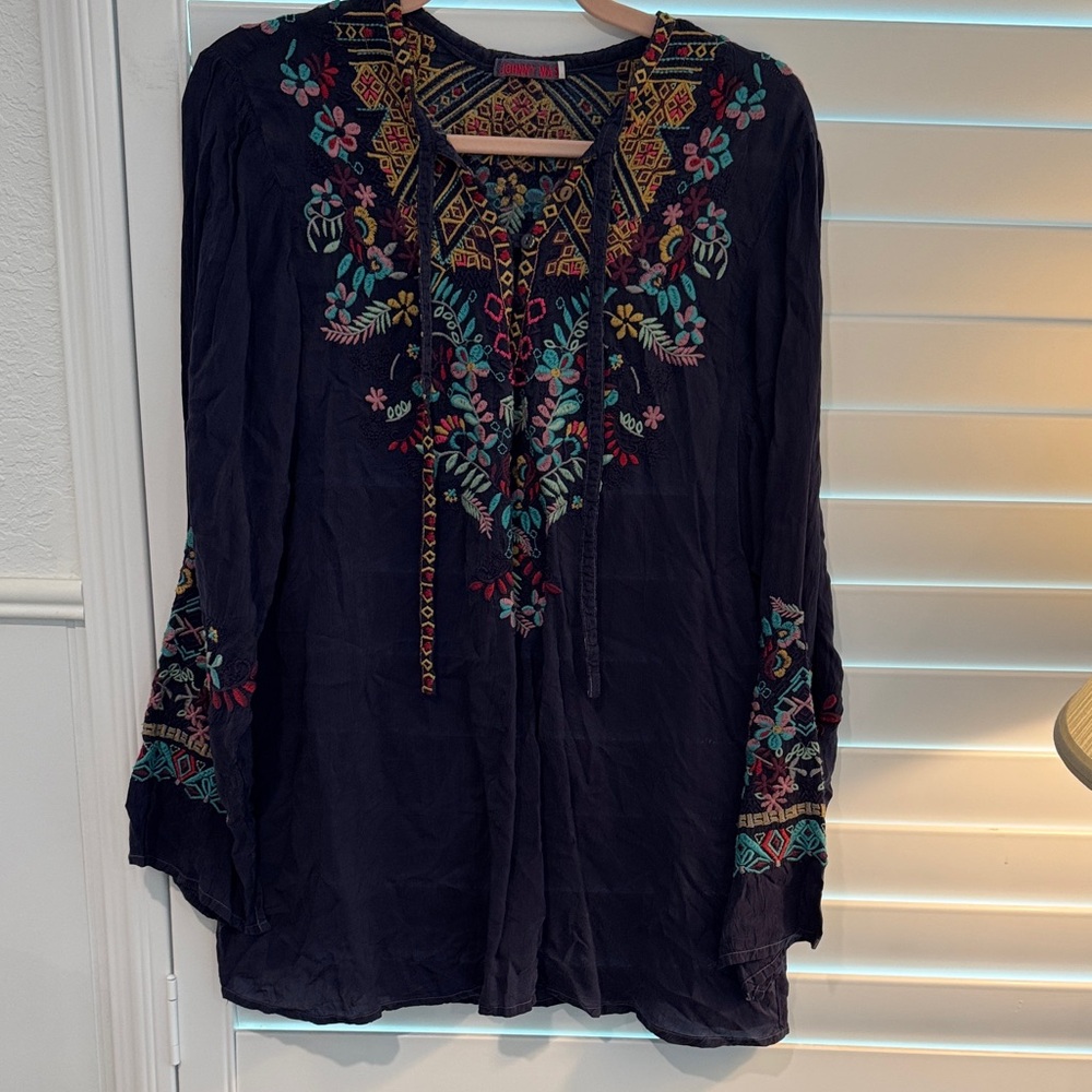 Johnny Was Navy Embroidered Boho Tunic with Multicolor Floral Stitching